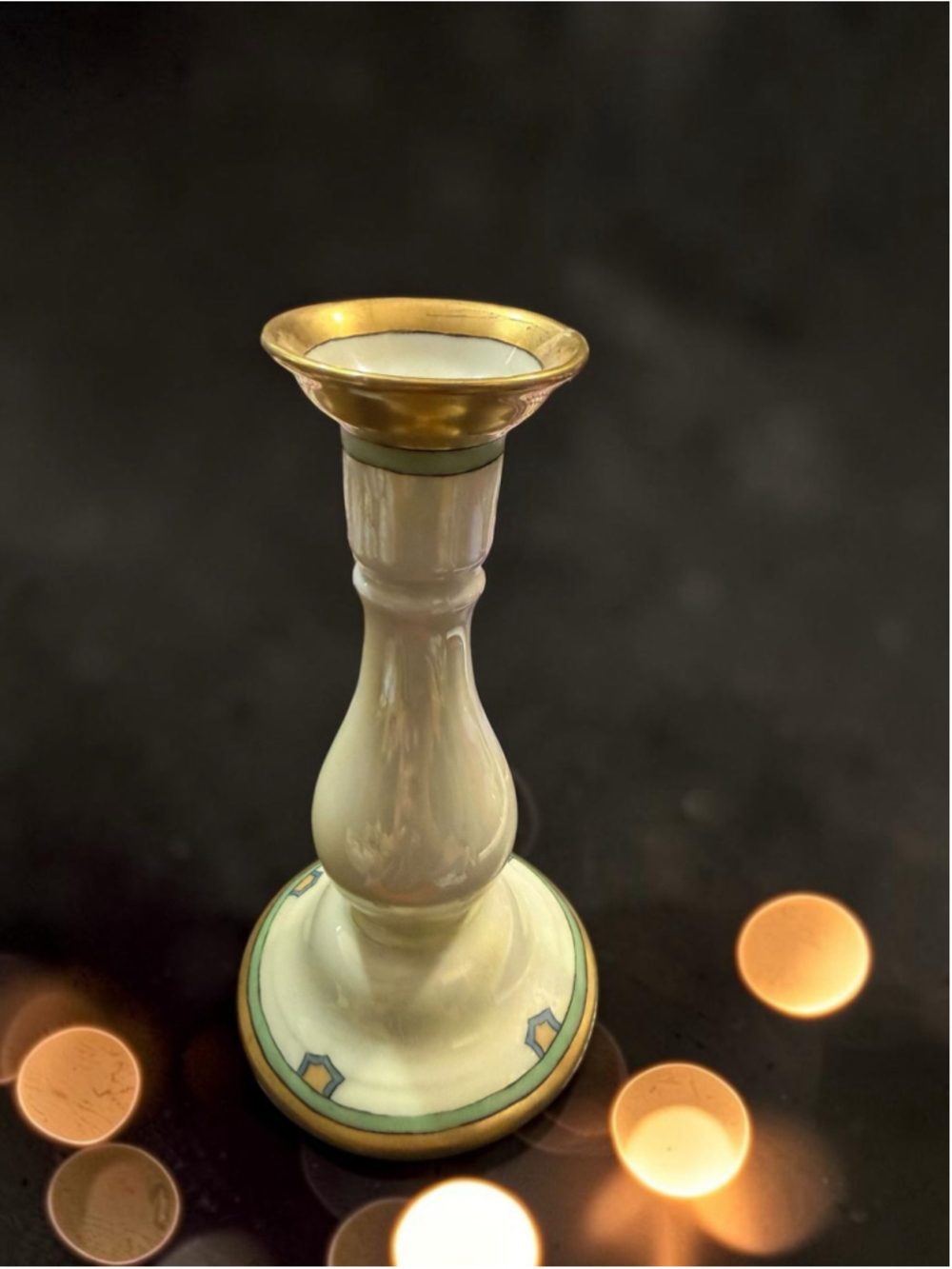 Vintage Tirschenreuth Bavaria German Porcelain Candlestick Gold Gilt Green Band